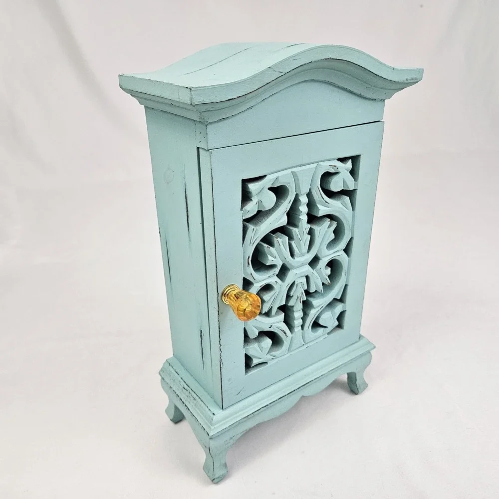 Jewelry Cabinet Armoire Door W/ Shelf Storage Painted Distressed Wood Victorian